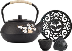 26 oz Japanese Cast Iron Teapot Cup Set Tea Kettle Maker Tetsubin with Infuser and Trivet, Black with Plum Blossom (Black Plum & Bamboo)