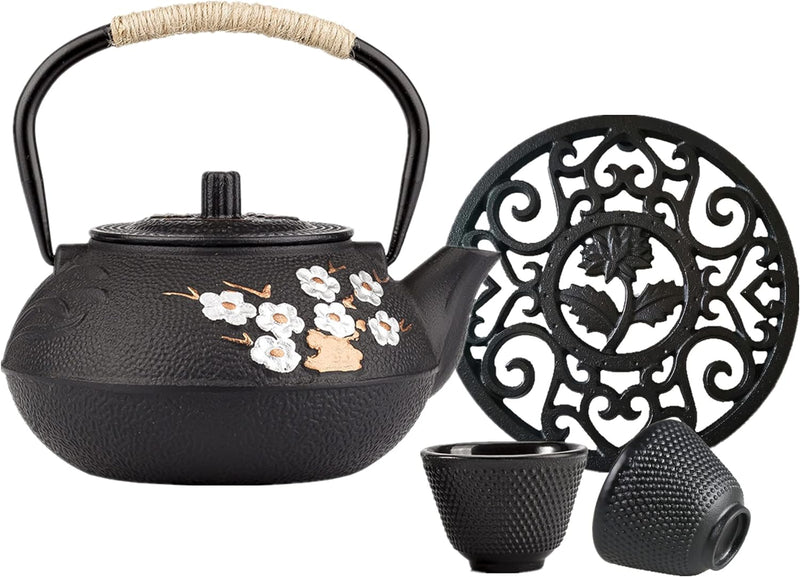 26 oz Japanese Cast Iron Teapot Cup Set Tea Kettle Maker Tetsubin with Infuser and Trivet, Black with Plum Blossom (Black Plum & Bamboo)