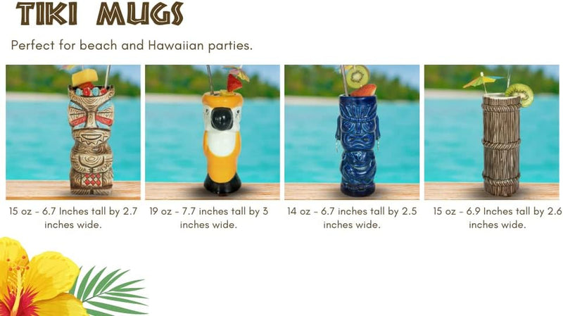 Set of 4 Tiki Mugs, Barware Tool Set Includes Cocktail Shaker, Jigger, Howthorne Strainer, Mixing Spoon, Drink Umbrellas, 4 Tiki Coasters, 4 Metal Straws