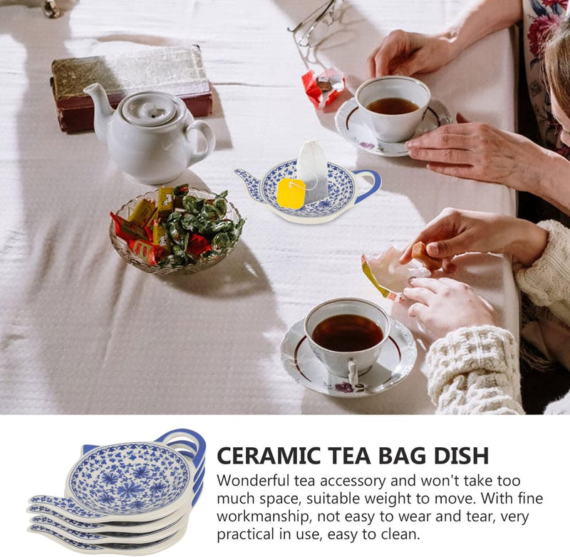 HEMOTON 4 Pcs Ceramic Tea Bag Holders Teapot Shaped Teabag Coaster Trays Tea Bag Saucers Seasoning Dish for Home Kitchen Blue