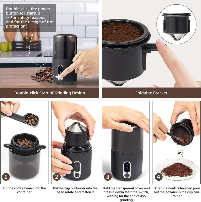 Wireless Coffee Grinder with LED Power, Electric Portable Coffee Bean Grinder with Brush, Herb Grinder, Spice Grinder with Removable Bowl & Spoon and 304 Stainless