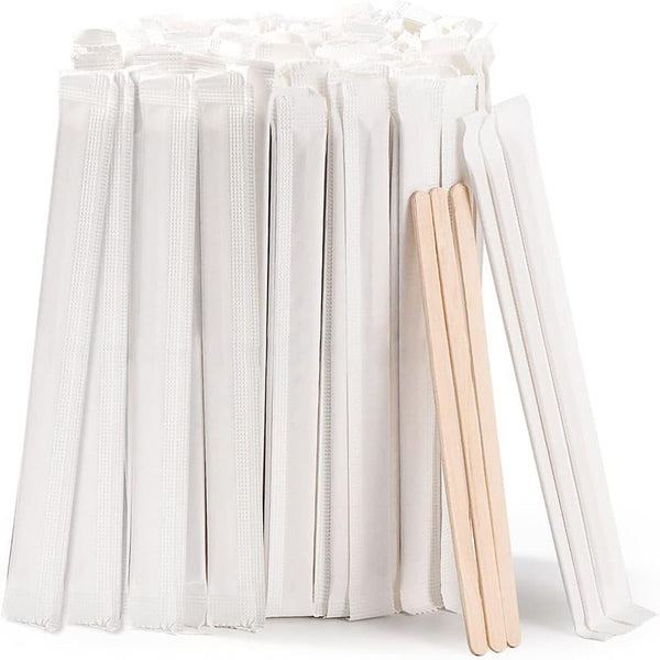 MFJUNS 200pcs Individually Wrapped Coffee Stirrers Wood - 5.5" Coffee Stir Sticks, Round End Disposable coffee stirrer, For Coffee, Cocktail and Hot Drinks