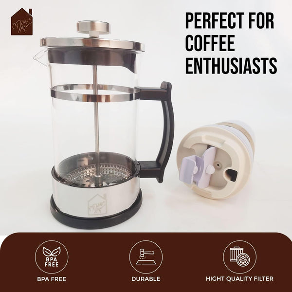 MALIQUE & MASON 20oz French Press Coffee Maker, Tea & Coffee Press 600ml with Three Detachable Stainless-Steel Layers of Filter & Travel Mug