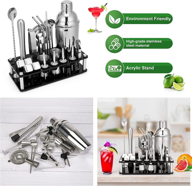 Cocktail Shaker Set, 23-Piece Stainless Steel Bartender Kit with Acrylic Stand & Cocktail Recipes Booklet, Professional Bar Tools for Drink Mixing, Home, Bar, Party (Include 4 Whiskey Stones)