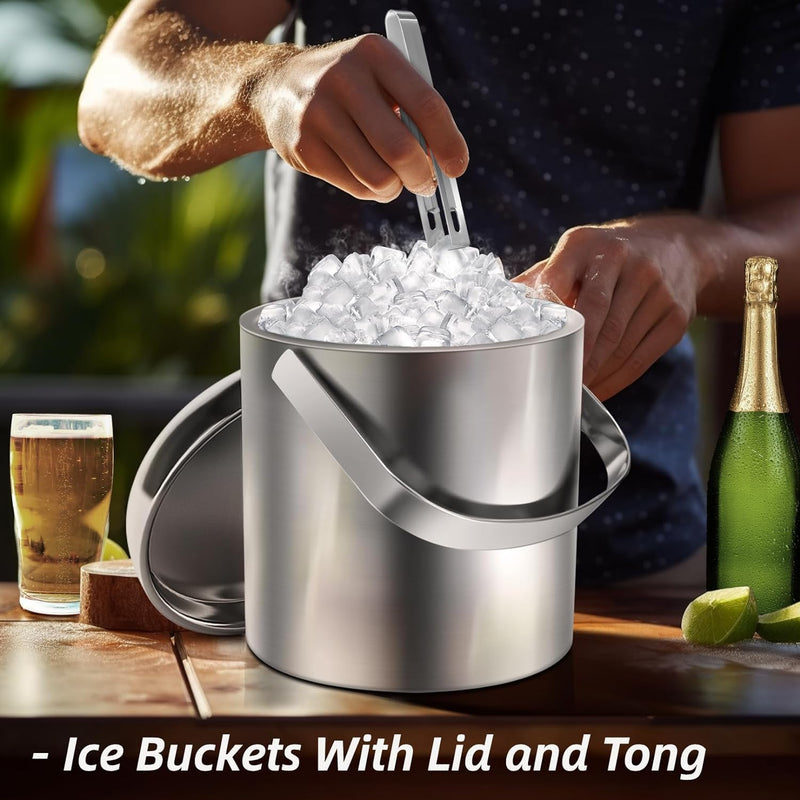 Sailnovo Ice Bucket, Double-Wall Stainless Steel Insulated Ice Buckets With Lid and Ice Tong, Ideal for Cocktail Bar, Parties, Chilling Wine, Champagne - 1.2 Liter Ice Container