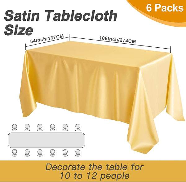 6 Pack Gold Satin Tablecloth for 6 Ft Rectangle Table - Wrinkle Resistant Wedding Buffet Cloths