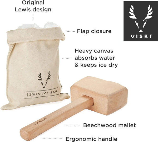 Viski Professional Lewis Bag and Mallet Bartender Kit & Bar Tools Kitchen Accessory 12", Ice Bag & Mallet