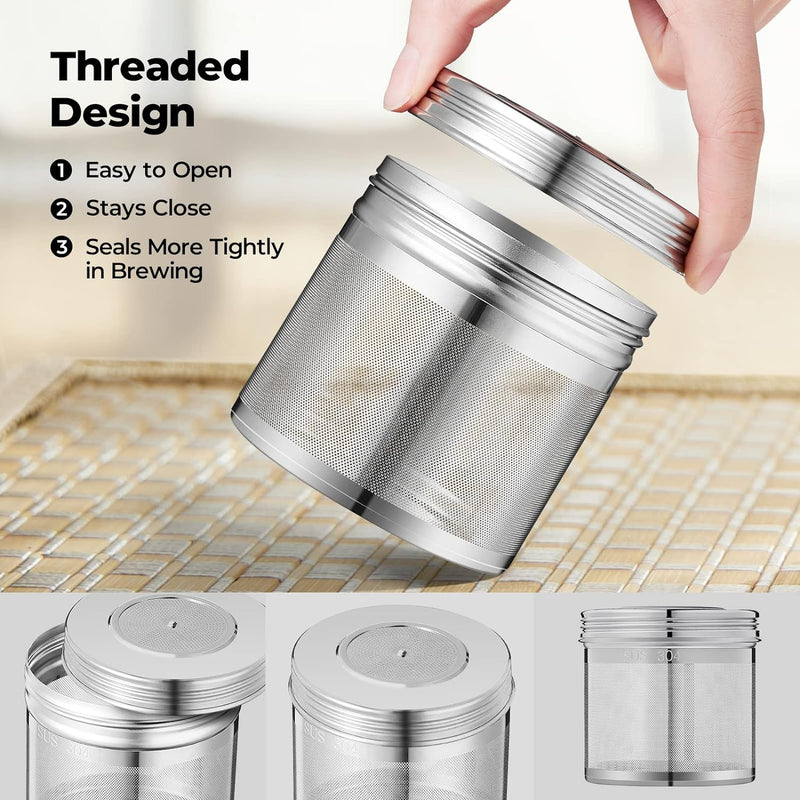 2 Pack Large Infuser for Loose Leaf Tea & Spice Ball for Cooking Soup, 18/8 304 Stainless Steel, Threaded Lid, Chain Hook, Extra Fine Mesh Tea Strainer for Herb, Iced Tea