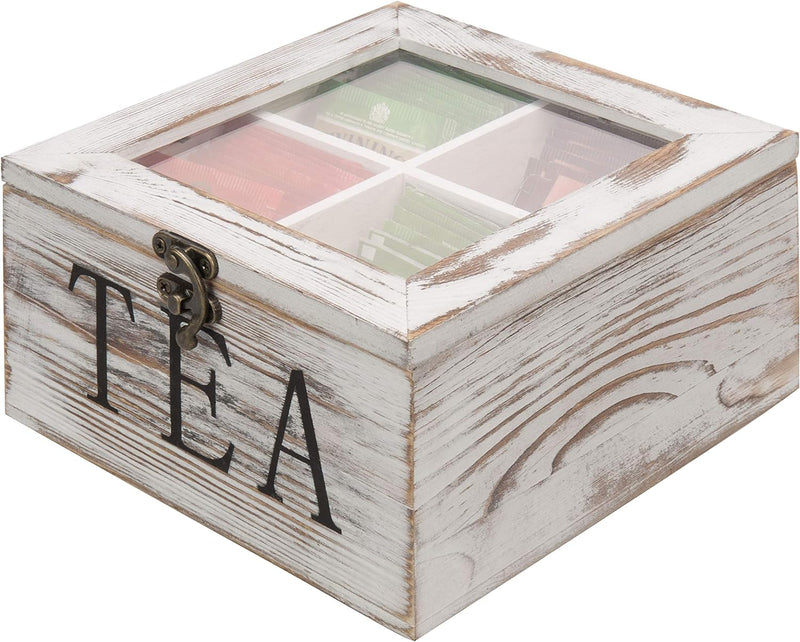 MyGift Shabby Whitewashed Solid Wood Tea Box Organizer with 4 Compartments, Teabag Storage Chest with Clear Acrylic Lid and Latch