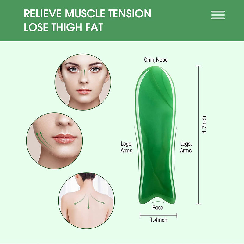 Gua Sha Massage Facial Tool Set,Guasha Massager Kit for Face and Body,Scraping Massage Board 4-piece Set Physical Therapy,Gua-sha Jade Stone also be Used on the Chin ,face,Neck and Back. (green)