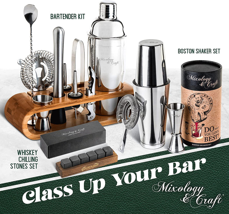 Mixology Cocktail Shaker Boston Shaker Set Professional Weighted Martini Shakers, Strainer and Japanese Jigger, Portable Bar Set for Drink Mixer Bartending, Exclusive Recipes Cards (Silver)