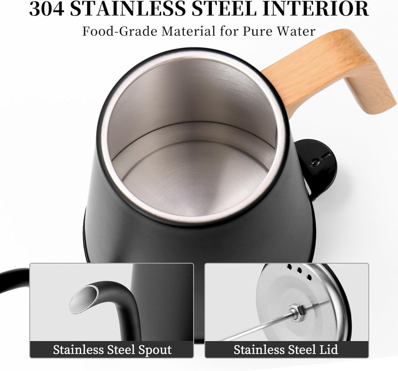 Nueve&Five Gooseneck Electric Kettle with Thermometer， Black Electric Kettle 1L with Auto Shut-Off，1000W Hot Water Kettle of Stainless Steel， Pour Over Kettle for Coffee & Tea