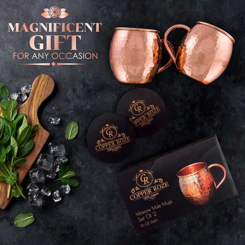 KoolBrew Copper Roze Moscow Mule Copper Mugs Gift Set of 2 Copper Mule Mugs and 2 Coasters, 100% Pure Solid Copper Cups with Hammered Finish