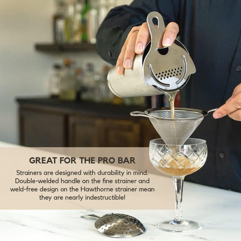 A Bar Above Professional Cocktail Strainer Set - 3 Piece Bundle Includes Hawthorne Strainer, Julep Strainer & Fine Mesh Strainer – Rust Proof Stainless Steel Strainer for Home & Professional Bartender