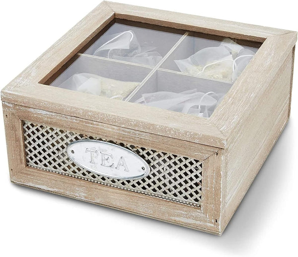 Wooden Box for Tea Bags Organizer, Cute Rustic 4-Compartment Container with Clear Lid (7 x 7 x 3 In)