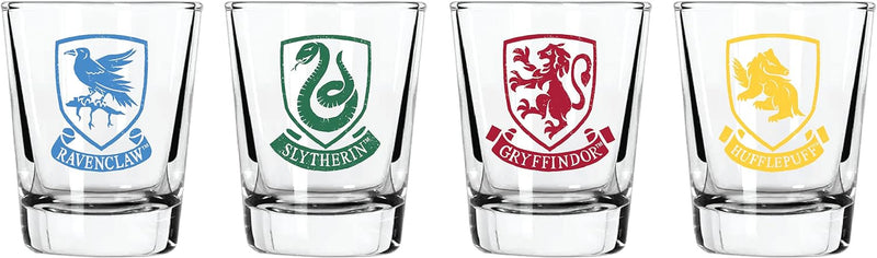 Harry Potter Shot Glass Set - 2 oz. Capacity - Set of 4 Glasses - Gryffindor, Slytherin, Hufflepuff, Ravenclaw