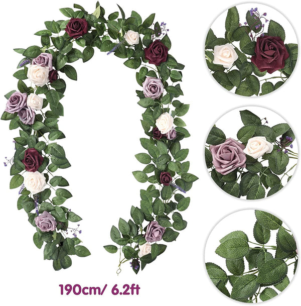 6Ft Artificial Rose Floral Garland - Wedding Decor in Cream Purple and Burgundy