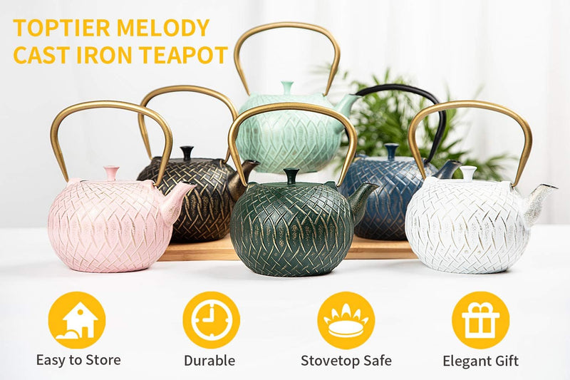 Tea Kettle, Toptier Japanese Cast Iron Tea Kettle for Stove Top, Stovetop Safe Teapot with Infusers for Loose Tea, 34 Ounce (1000 ml), White Melody