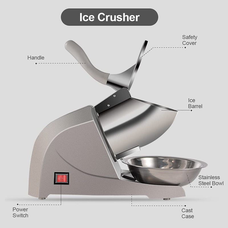 Three Blades Snow Cone Maker Ice Shaver 380W 220lbs/hr Prevent Splash Electric Stainless Steel Shaved Ice Machine Home and Commercial Ice Crushers (Silver)