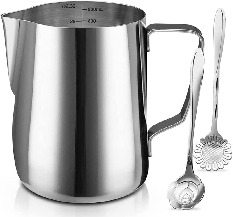 SIKEMAY Milk Frothing Pitcher Jug - 12oz/350ML Stainless Steel Coffee Tools Cup - Suitable for Espresso, Latte Art and Frothing Milk, Attached Dessert Coffee Spoons