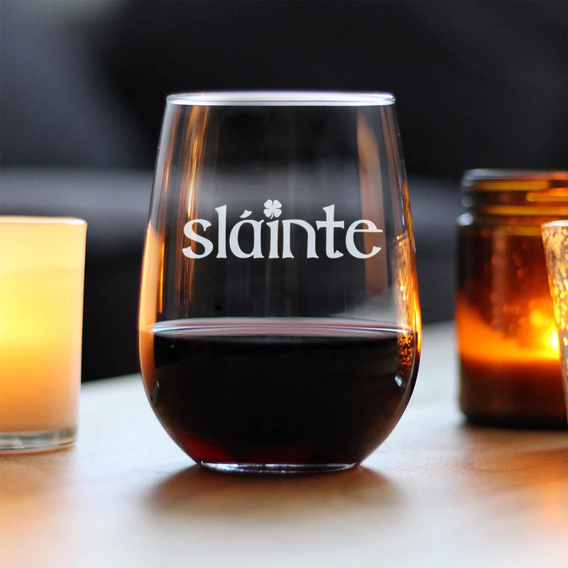 Slainte Irish Cheers - Stemless Wine Glass - Fun Irish Themed Gifts and Decor - Large 17 Ounce