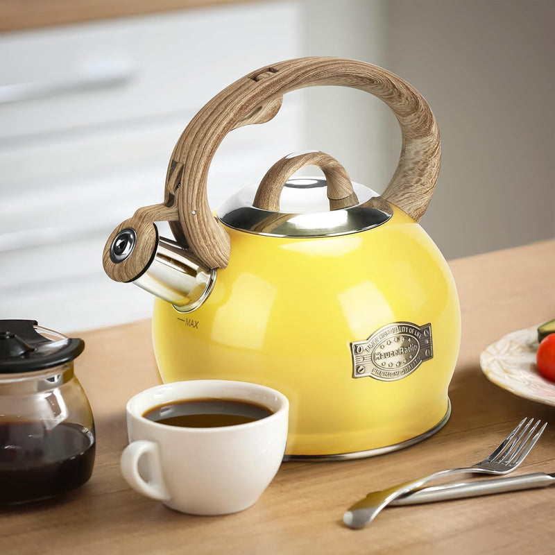 Tea Kettle, 2.1 Quart Stove Top Whistling Tea Kettle, Teapot with Food Grade Stainless Steel and Wood Pattern Folding Handle, Suitable for All Heat Sources,(Yellow)