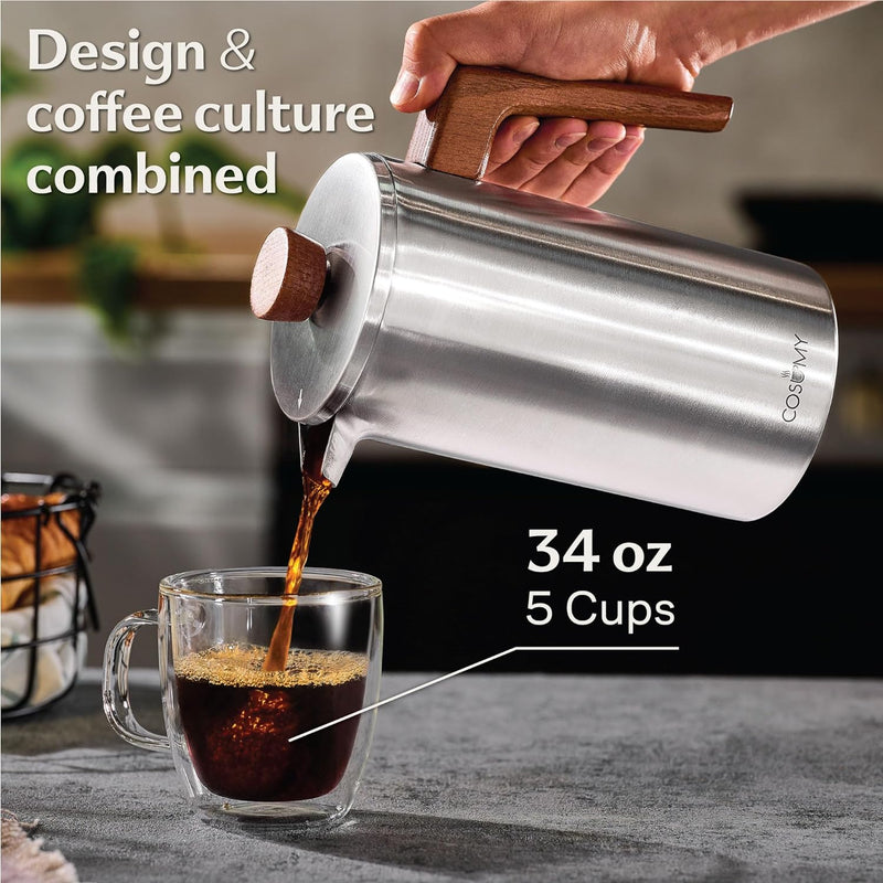 French Press Coffee Maker 34 oz - Made of Stainless Steel & Sustainable Oak Wood - Double-Walled Insulated - 2 Additional Filters - For 5 Cups