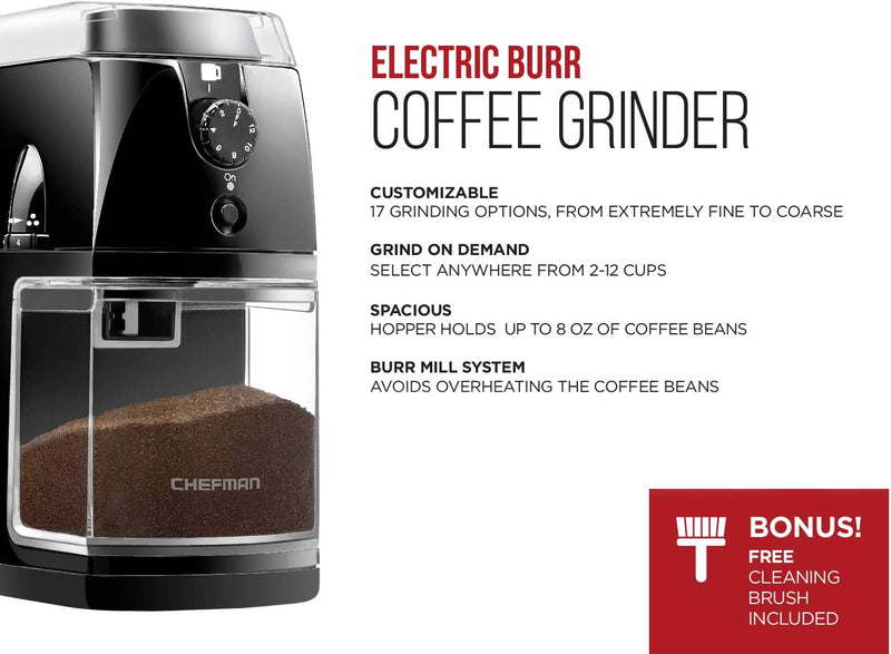 Chefman Coffee Grinder Electric Burr Mill - Freshly Grinds Up to 2.8oz Beans, Large Hopper with 17 Grinding Options for 2-12 Cups, Easy One Touch Operation, Cleaning Brush Included, Black