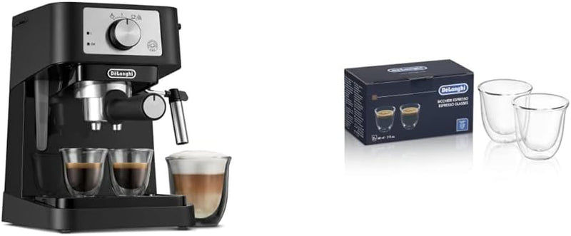 De'Longhi Stilosa Manual Espresso Machine, 13.5 x 8.07 x 11.22 inches & Stainless Steel Milk Frothing Pitcher, 12 ounce (350 ml), 12 oz & Double Walled Thermo Espresso Glasses, Set of 2