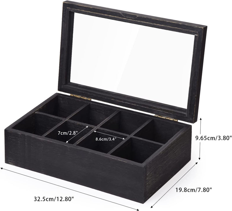 Alsonerbay Wooden Tea Box Tea Bag Holder Kitchen Storage Chest Box for Spice Pouches and Sugar Packets with 8 Compartments and Glass Window Weathered Black