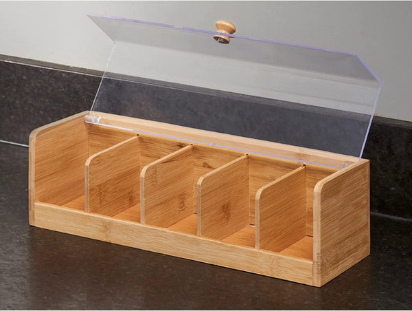 Nifty Solutions Bamboo Tea Box | 5 Compartment Tea Bag Storage | Stores up to 100 Tea Packets | Natural Wooden Tea Box | Tea Storage Containers | Organize Tea, Jewelry & Small Items