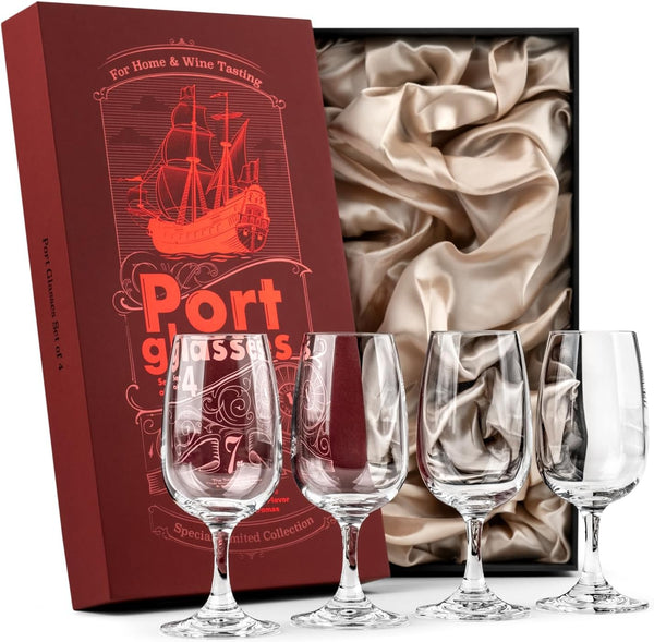 GLASSIQUE CADEAU Port and Dessert Wine, Sherry, Cordial, Aperitif Tasting Glasses | Set of 4 Small Crystal 7 oz Sippers | Mini Short Stem Nosing Taster Copitas