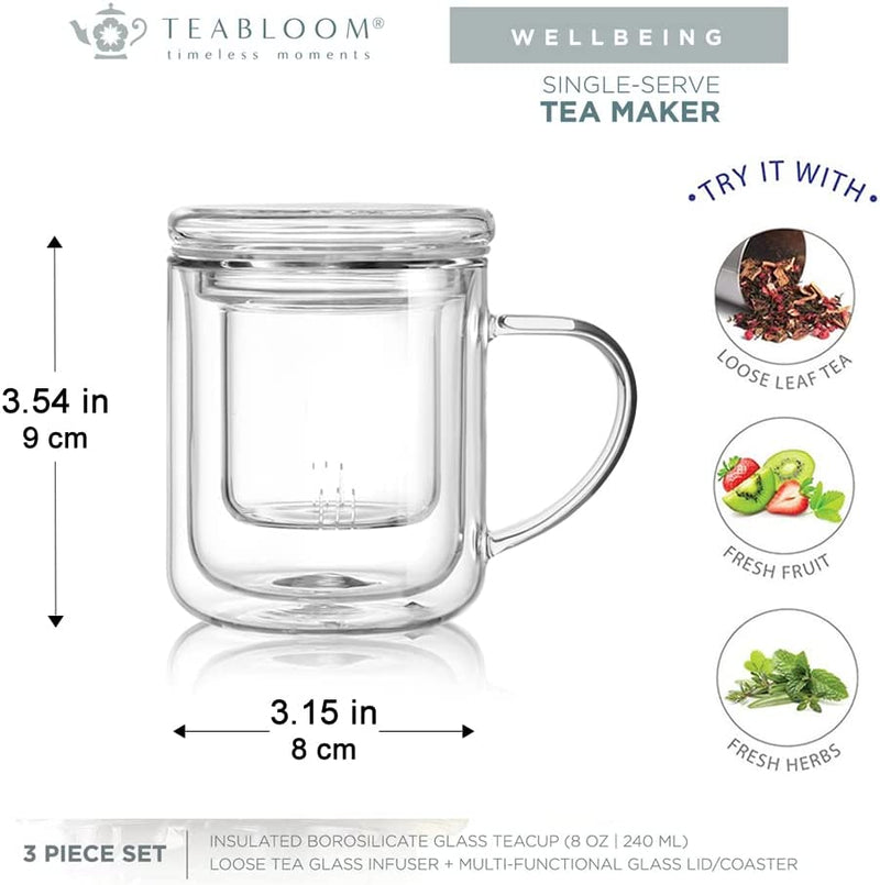 Teabloom Heatproof and Insulated Glass Tea Cup with Glass Infuser for Loose Tea - Wellbeing Infusion Mug with Dual-Purpose Lid (8 oz)