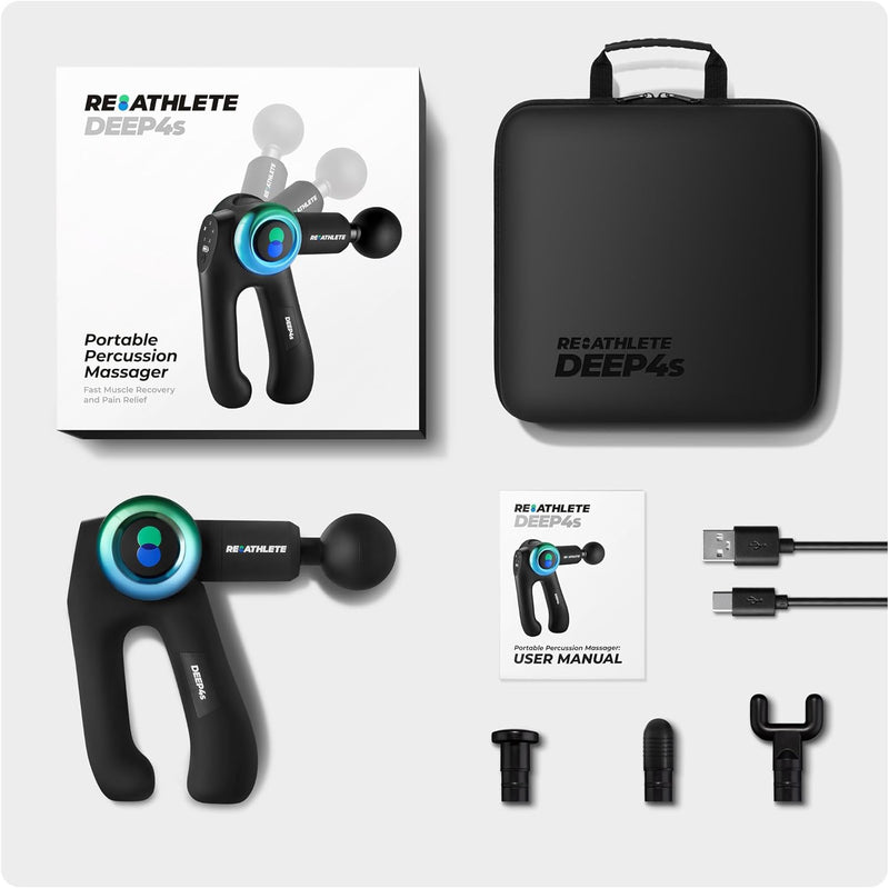 REATHLETE DEEP4S Percussive Therapy Device - Massage Gun for Muscle Treatment - Handheld, Wireless Deep Tissue Massage - Ideal for Back, Shoulder, Arms, Glutes, Calf's - Full Body Pain Relief