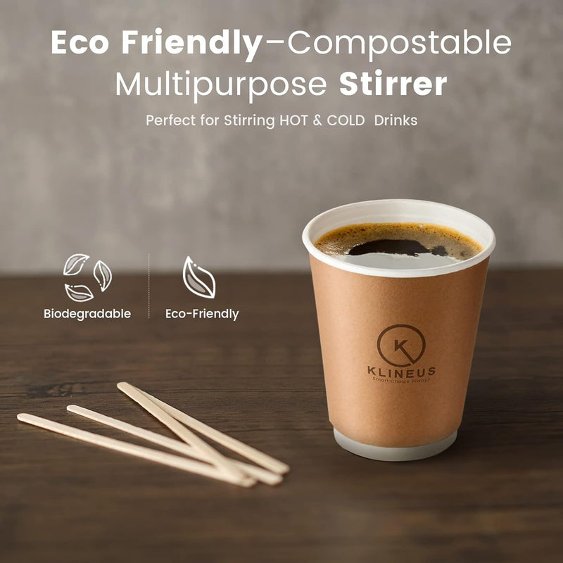 KLINEUS 500 Wooden Coffee Stirrers - Biodegradable 5.5" Coffee Stirrers Wood, Coffee Mixer Stick, Disposable Coffee Stirs, Stirring Sticks - BPA free Round-End Birch Wooden Stir Sticks For Coffee Bar