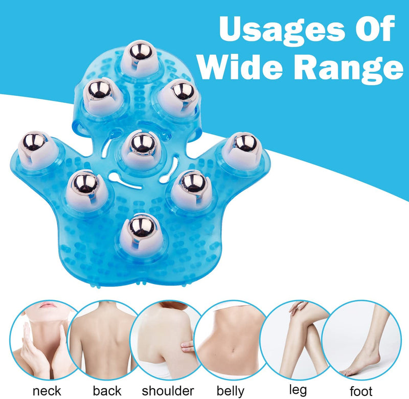 Handheld Massage Ball for Muscle Back Neck Joint Foot Shoulder Leg Pain Relief - Palm Shaped Massage Tool with Roller Balls, Portable Design, Blue