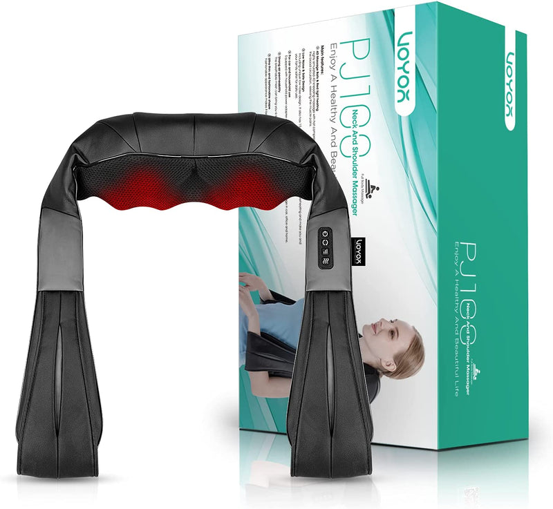 VOYOR Shiatsu Neck and Back Massager with Heat, Electric Deep Tissue 4D Kneading Massage for Shoulder, Back, Neck and Full Body Muscle Pain Relief, Home, Car, Office Use PJ100, Black