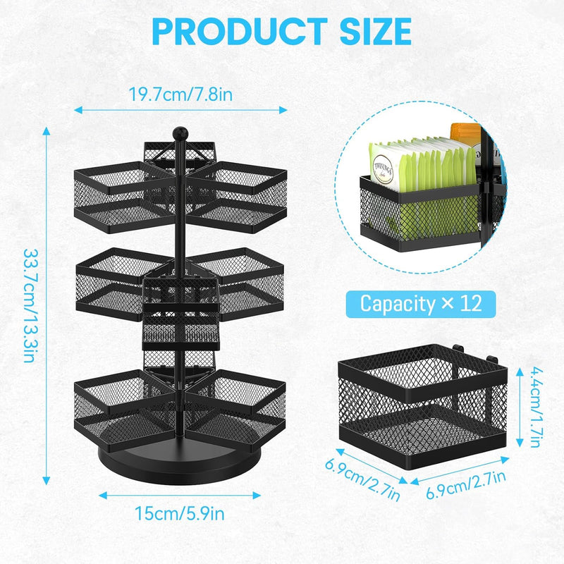 iDavosic.ly 3 Tier Tea Bag Organizer, Tea Bag Storage Holder Spinning Carousel with 9 Compartments, Metal Rotating Tea Bag Caddy for Kitchen Counter Cabinet, Up to 108 Tea Bags Storage