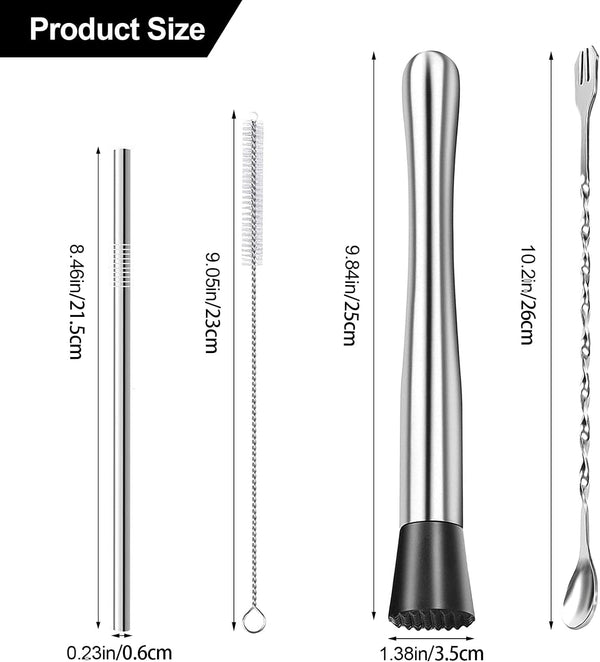 Harewu 10 Inch Stainless Steel Cocktail Muddler and Mixing Spoon，Stainless Steel Straws with Cleaning Brush，Home Bar Tool Set for Making Mojitos,Margaritas and Other Fruit Based Drinks（4pcs）