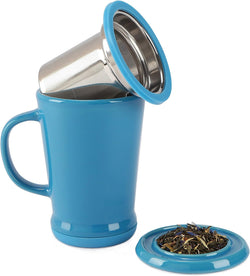 casaWare Tilt and Drip Tea Infuser Ceramic Mug, 14-Ounce (Azure Berry)