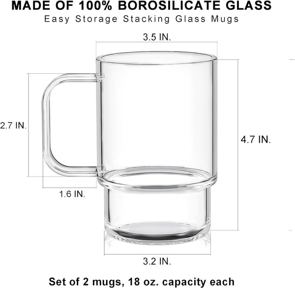 Aquach Glass Mug 18 Ounces 2pcs Stackable Clear Coffee Tea Juice Cup Drinking Glasses
