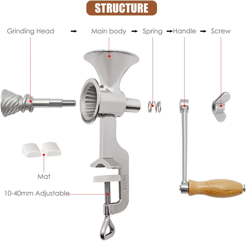 CGOLDENWALL Manual Grain Mill Stainless Steel Grinder Hand-operated Coffee Grinder with Fineness-adjustable Spring for Spice Pepper Corn Coffee Beans Grains