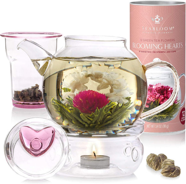 Teabloom Eternal Love Flowering Tea Gift Set - Glass Teapot (36 oz), Heart-Topped Lid, Tea Warmer, Loose Tea Infuser & 12 Heart-Shaped Blooming Teas