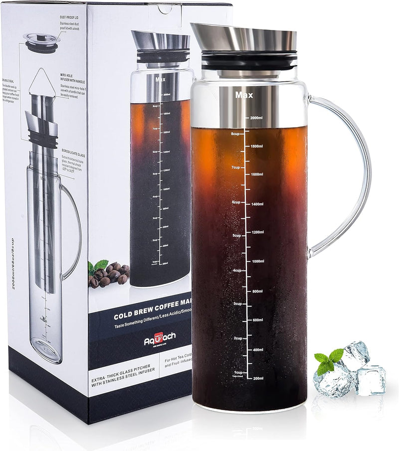 Aquach Cold Brew Coffee Iced Tea Maker & Fruit Pitcher - Large Capacity 51 Ounces - with Durable Glass Carafe/Fine Mesh Steel Infuser/Airtight Lid