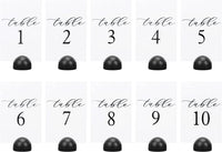 Hanna Roberts Modern Cursive Table Number Card Stock Signs with round Stand for Wedding Reception, Restaurant, Event Party, 4" X 6" (Set of 10, 1-10, Black)