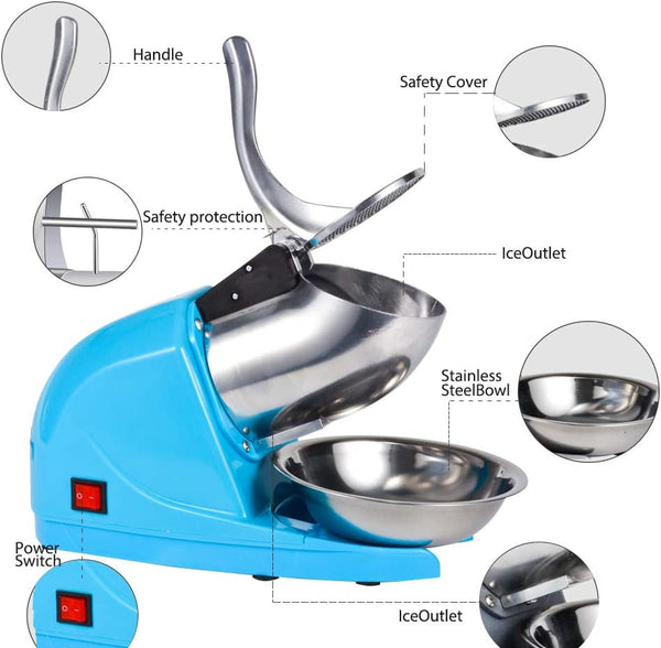 Electric Ice Crushers Machine Shaved Ice Machine Ice Snow Cone Maker  Professional Double Blades Stainless Steel Ice Shaver Machine for Home Commercial Use (Blue)