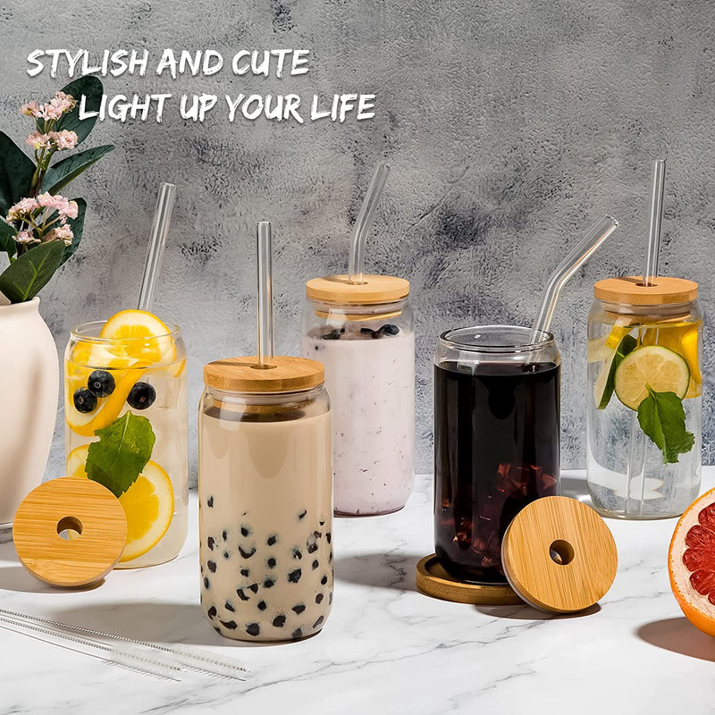 6 Pcs Drinking Glasses with Bamboo Lids and Glass Straw - 16 Oz Can Shaped Glass Cups for Beer, Ice Coffee, Cute Tumbler Cup Great for Soda Boba Tea Cocktail Include 2 Cleaning Brushes