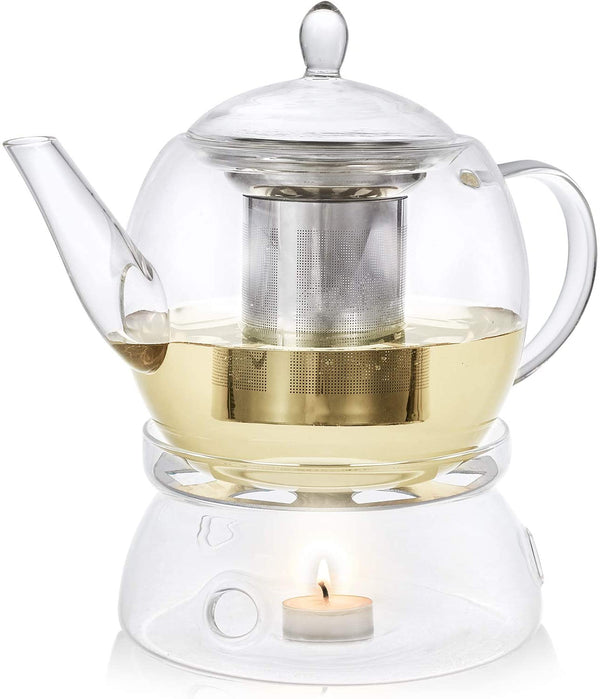 Teabloom Prague Glass Tea Maker & Warmer Set – Large Capacity (45 oz) – Heatproof Borosilicate Glass Teapot with Removable Stainless Steel Loose Tea Infuser – Stovetop Safe Kettle