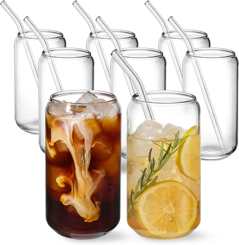 NETANY [ 8pcs Set ] Drinking Glasses with Glass Straw - 16oz Can Shaped Glass Cups, Beer & Iced Coffee Glasses, Cute Tumbler Cup, Ideal for Whiskey, Soda, Tea, Water, Gift - 2 Cleaning Brushes