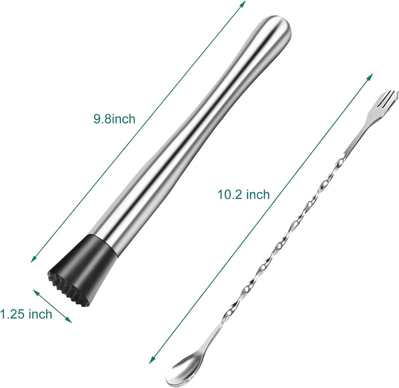 YOTIPP 10 Inch Stainless Steel Cocktail Muddler and Mixing Spoon Professional Home Bar Tool Set